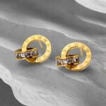 Подвійні сережки BVLGARI з камінням лимонне золото2