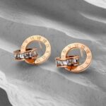 Подвійні сережки BVLGARI з камінням рожеве золото2