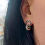 Подвійні сережки BVLGARI з камінням срібло на вусі